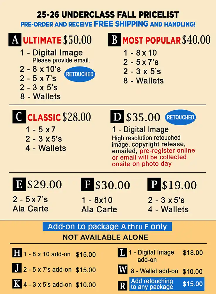 South Coast Photographic Underclass Price List